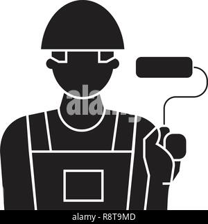 Painter decorator black vector concept icon. Painter decorator flat illustration, sign Stock Vector