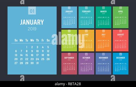 Year 2019 colorful minimalist calendar on black background. Week starts Sunday. Vector template. Stock Vector