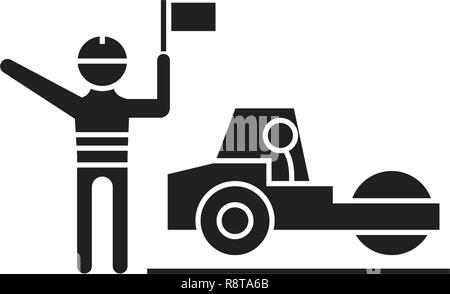Roadroller working black vector concept icon. Roadroller working flat illustration, sign Stock Vector