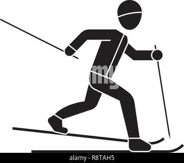 Skiing person black vector concept icon. Skiing person flat illustration, sign Stock Vector