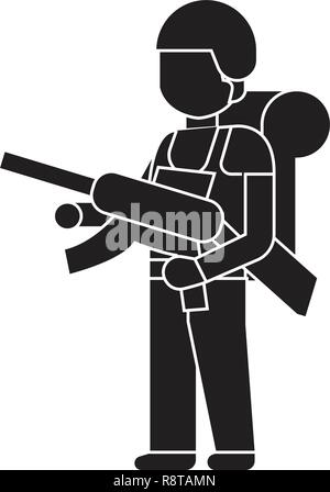 Soldier with a rifle black vector concept icon. Soldier with a rifle flat illustration, sign Stock Vector