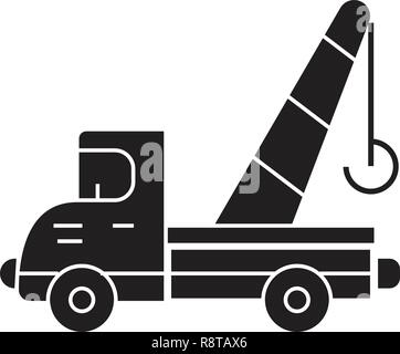 Towing truck black vector concept icon. Towing truck flat illustration, sign Stock Vector