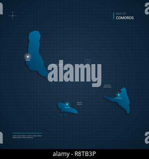 Vector Comoros map illustration with blue neon lightpoints - triangle on dark blue gradient background. Administrative divisions Stock Vector