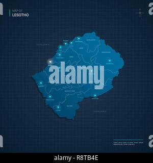 Vector Lesotho map illustration with blue neon lightpoints - triangle on dark blue gradient background. Administrative divisions Stock Vector