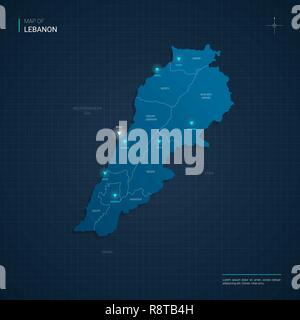 Vector Lebanon map illustration with blue neon lightpoints - triangle on dark blue gradient background. Administrative divisions Stock Vector