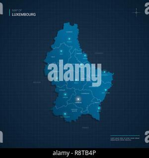 Vector Luxembourg map illustration with blue neon lightpoints - triangle on dark blue gradient background. Administrative divisions Stock Vector