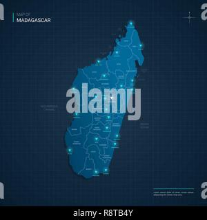 Vector Madagascar map illustration with blue neon lightpoints - triangle on dark blue gradient background. Administrative divisions Stock Vector