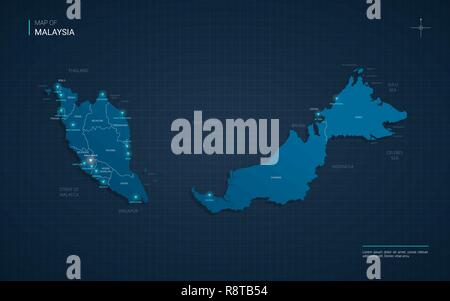 Vector Malaysia map illustration with blue neon lightpoints - triangle on dark blue gradient background. Administrative divisions Stock Vector