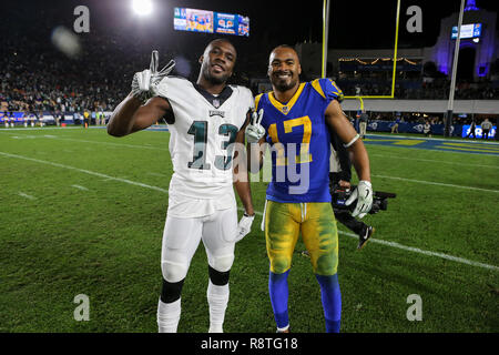 Los Angeles, CA, USA. 16th Dec, 2018. Former USC Trojans Philadelphia Eagles wide receiver Nelson Agholor #13 and Los Angeles Rams wide receiver Robert Woods #17 ''Fight On'' after the NFL Philadelphia Eagles vs Los Angeles Rams at the Los Angeles Memorial Coliseum in Los Angeles, Ca on December 16 2018. Jevone Moore Credit: csm/Alamy Live News Stock Photo