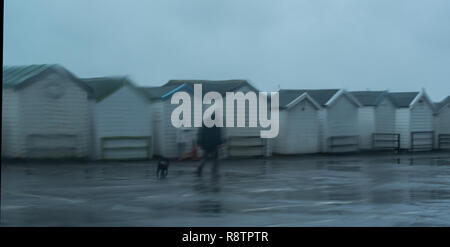 Lyme Regis, Dorset, UK. 18th December 2018.  UK Weather: A Wet and windy day at Lyme Regis.  Wet beach huts on Monmouth Beach as heavy downpours hit the coast at Lyme Regis.  A Yellow Warning of rain has been issued along the South West Coast. Credit: PQ Images/Alamy Live News Stock Photo