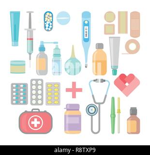 Medicine and drugs icon set in flat style Stock Vector