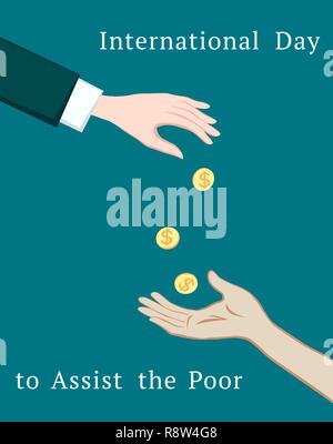 Hands Giving and Receiving coins. Assist the Poor. Stock Vector