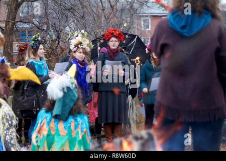 Philadelphia, PA, USA - December 15, 2018: Revelers participate in the annual Krampuslauf and Parade of Spirits in the Northern Liberties neighborhood Stock Photo
