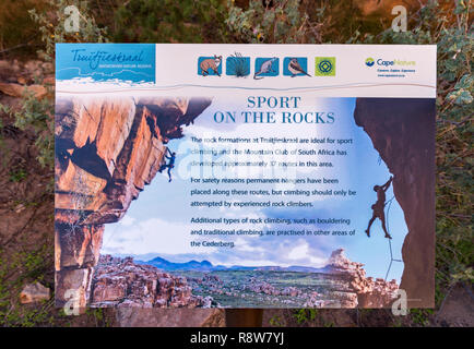 TRUITJIESKRAAL, SOUTH AFRICA, AUGUST 24, 2018: A rock climbing information board at Truitjieskraal in the Cederberg Mountains of the Western Cape Prov Stock Photo