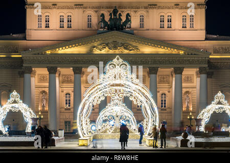 Moscow, Russia - December 16 2018: New Year and Christmas street decorations in front of Bolshoi Ballet Theater Stock Photo