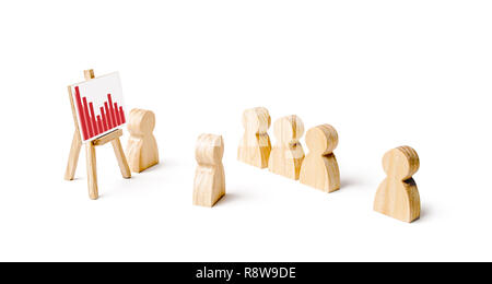 Wooden figures of people stand in the formation and listen to their leader. Business training, briefing and inspirational speech. Employee reports to 