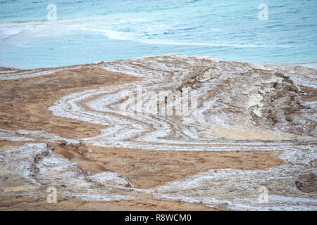 Landscape of the Dead Sea,Jordan, beautiful coast failures of the soil and the strong shallowing of the sea,illustrating an environmental catastrophe Stock Photo