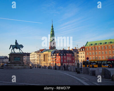 COPENHAGEN, DENMARK-APRIL 10, 2016: Equestrian bronze statue of King Frederik VII by Herman Wilhelm Bissen in front of Christiansborg on Slotsholmen i Stock Photo