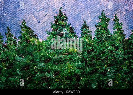 Oil painting detail of a row of conifers such as spruce. Stock Photo