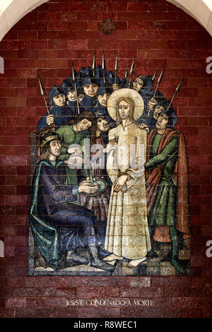 Stations of the Cross: Jesus is condemned to death; A panel of Portuguese tiles outside the shrine of Fatima Stock Photo