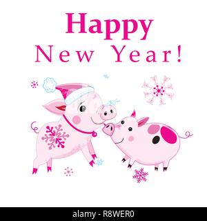Christmas card with pink piglets on a white background with snowflakes Stock Vector