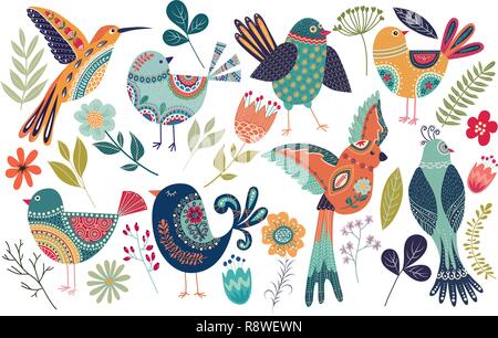 Big collection with cute birds and flowers Stock Vector