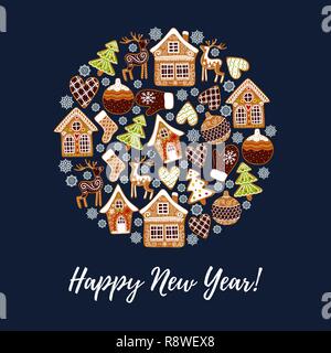 Gingerbread cookies background with an editable blank space in the middle. Christmas greeting card template. Stock Vector