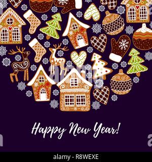 Gingerbread cookies background with an editable blank space in the middle. Christmas greeting card template. Stock Vector