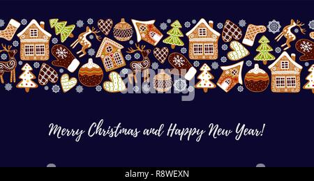 Gingerbread cookies background with an editable blank space in the middle. Christmas greeting card template. Stock Vector
