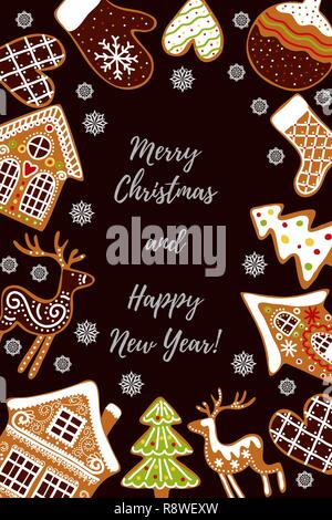 Gingerbread cookies background with an editable blank space in the middle. Christmas greeting card template. Stock Vector
