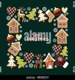 Gingerbread cookies background with an editable blank space in the middle. Christmas greeting card template. Stock Vector