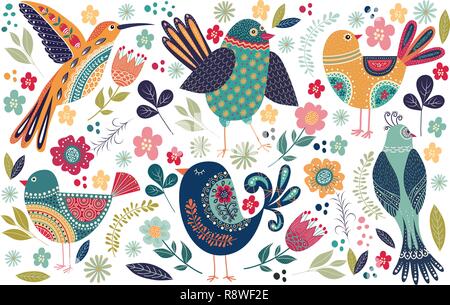 Big collection with cute birds and flowers Stock Vector