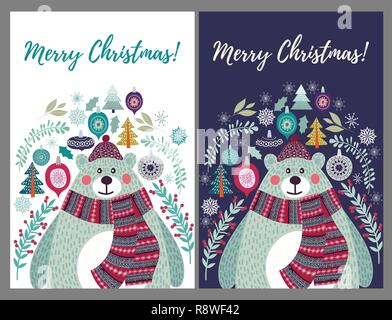 Cute polar bear in a hat and a scarf. Set of two options for Christmas cards templates in the style of flat doodles Stock Vector