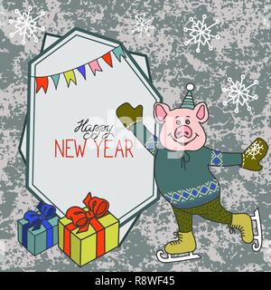 A funny cartoon pig in warm clothes on skates. Piglet symbol of the Chinese new year. New Year card Vector Stock Vector