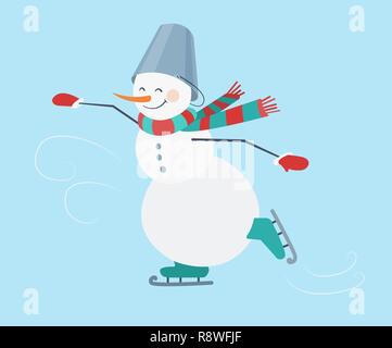 Skating. Snowman wearing a striped scarf and a bucket on his head. New Year. Vector illustration. Stock Vector