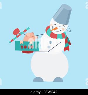 Snowman wearing a striped scarf and a bucket on his head with a cute little pig sitting in the box. Stock Vector