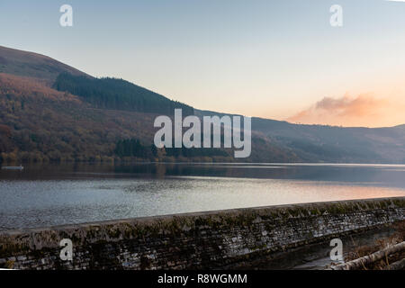 Scenic view across the Talybont Reservoir in the Brecon Beacons during evening light, Powys, Wales, UK