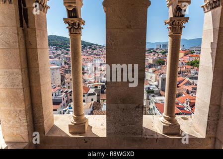 View from the inside of a high ancient tower in the city of Split. Stock Photo