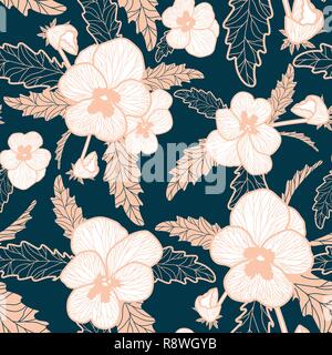 Blush pink pansy pattern on forest green background. Flower vector seamless pattern Stock Vector