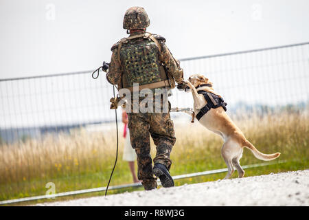 German soldier with a dog on a fence Stock Photo