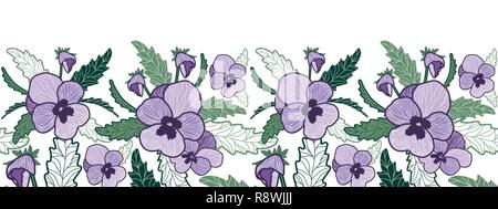 Vector horizontal seamless border with purple pansy and green leaves. Stock Vector