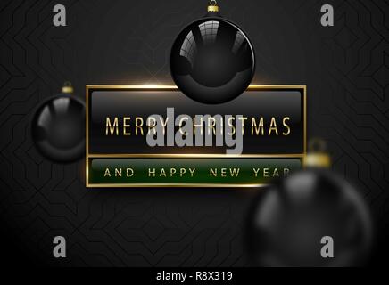 Merry Chistmas and happy new year luxury banner. Golden text, black green rectangular label frame banner. Dark geometric pattern background. Vector Stock Vector