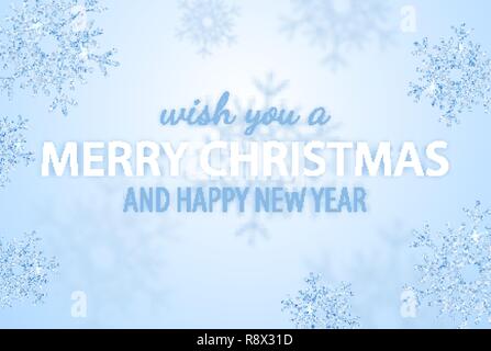 Merry Christmas and Happy New Year greeting vector illustration with glitters, sparkles and glowing snowflakes for holiday poster, placard, banner Stock Vector