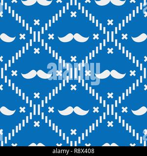 American Hipster Mustache Tartan Plaid and Argyle Vector Patterns in Patriotic Blue, White and Blue. 4th of July or Father s Day Backgrounds. Barbersh Stock Vector