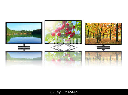 Television monitors isolated on white background. TV monitors showing images of nature. 4k monitor isolated on white. Flat high definition TV with ima Stock Photo