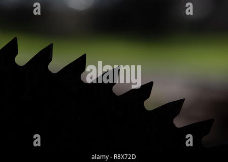 Large Circular Saw Blade - Close-up of Teeth in Silhouette with Blurred Background, Stock Photo