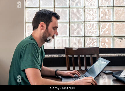 Young bearded man at home working remotely on laptop computer in front of glass block wall Stock Photo