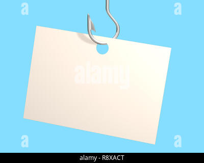 Empty sheet of a paper, hanging on a fishing hook. Objects over blue Stock Photo