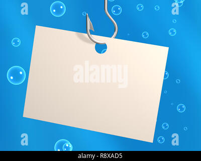 Empty sheet of a paper, hanging on a fishing hook. Objects over blue Stock Photo