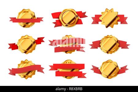 Large set of bright gold retro labels, badges with red tapes isolated on white Stock Vector